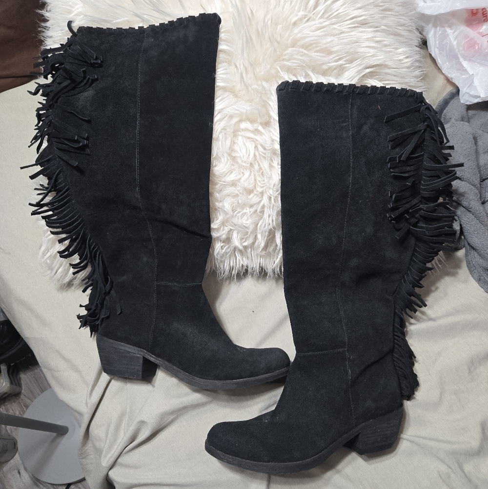 Reba Black Leather Fringe Boots Sz 6.5